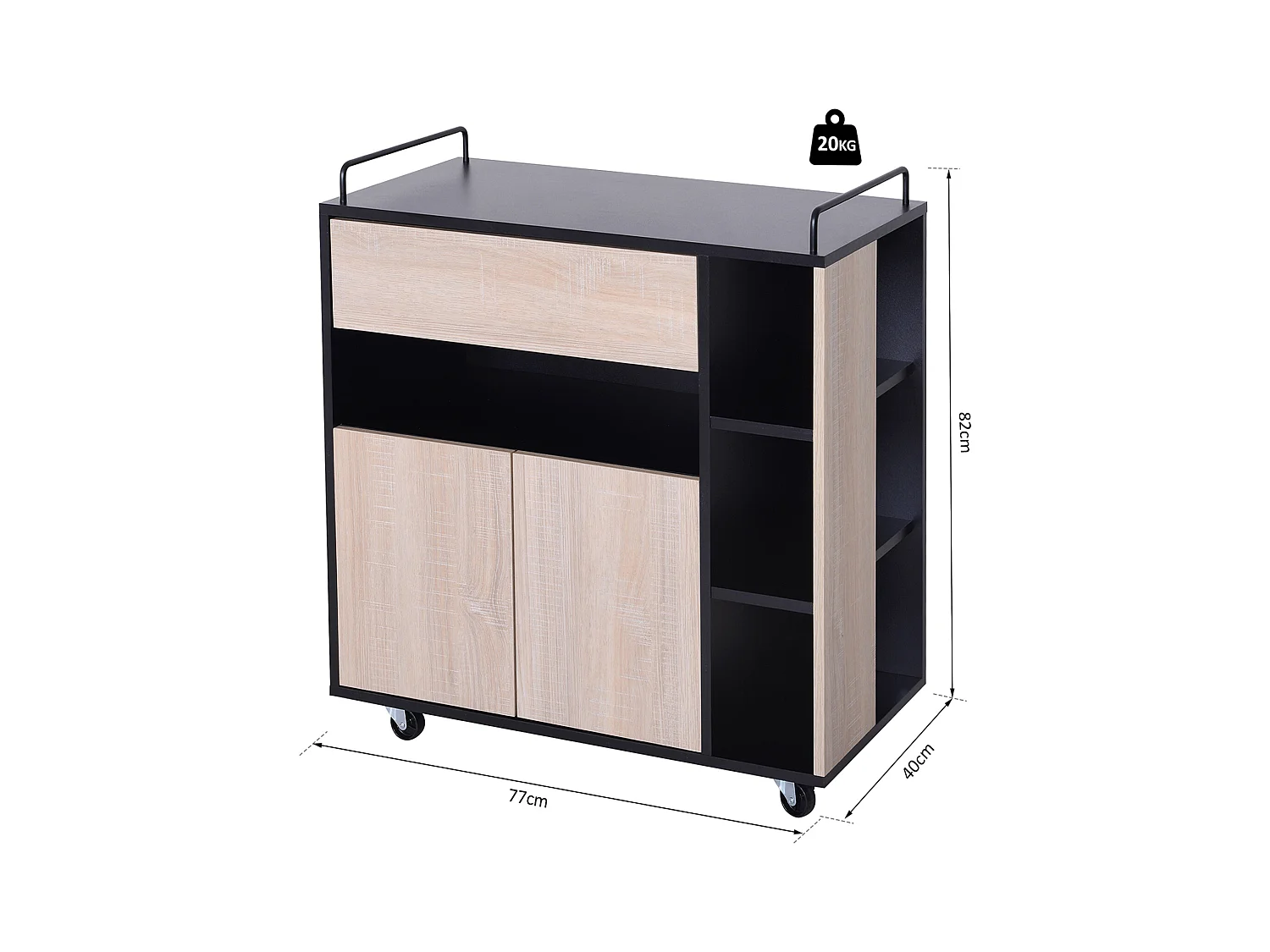 Chariot de service desserte de cuisine à roulettes multi-rangements placard double portes + 3 étagères + niche + tiroir panneaux particules noir chêne