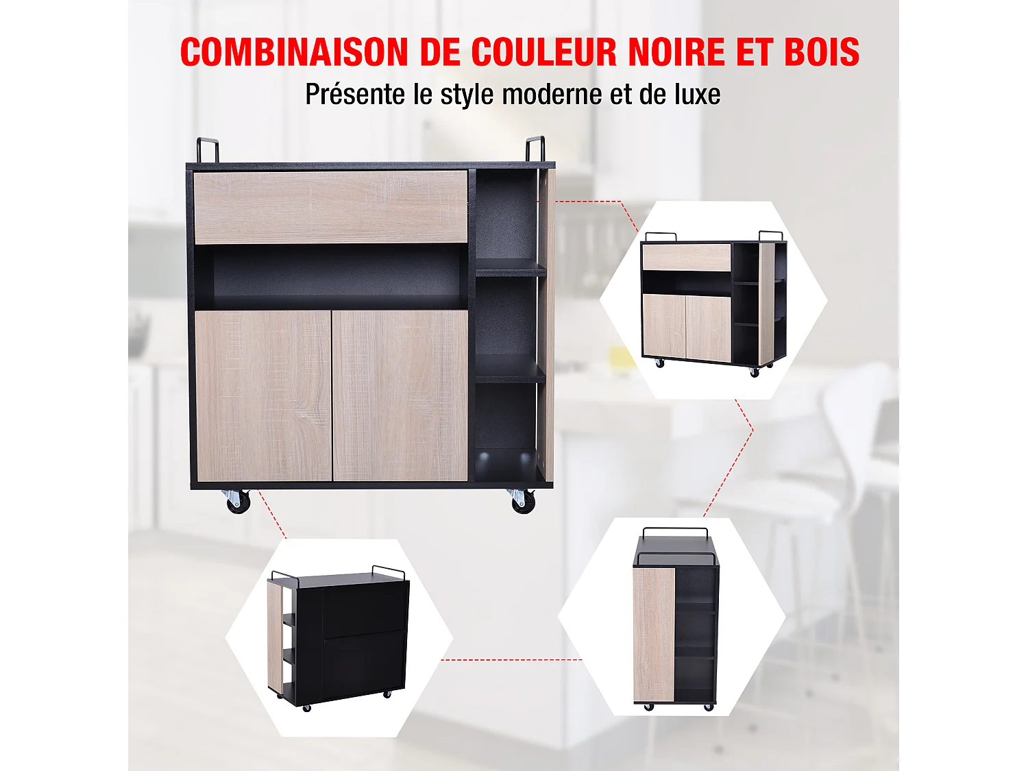 Chariot de service desserte de cuisine à roulettes multi-rangements placard double portes + 3 étagères + niche + tiroir panneaux particules noir chêne
