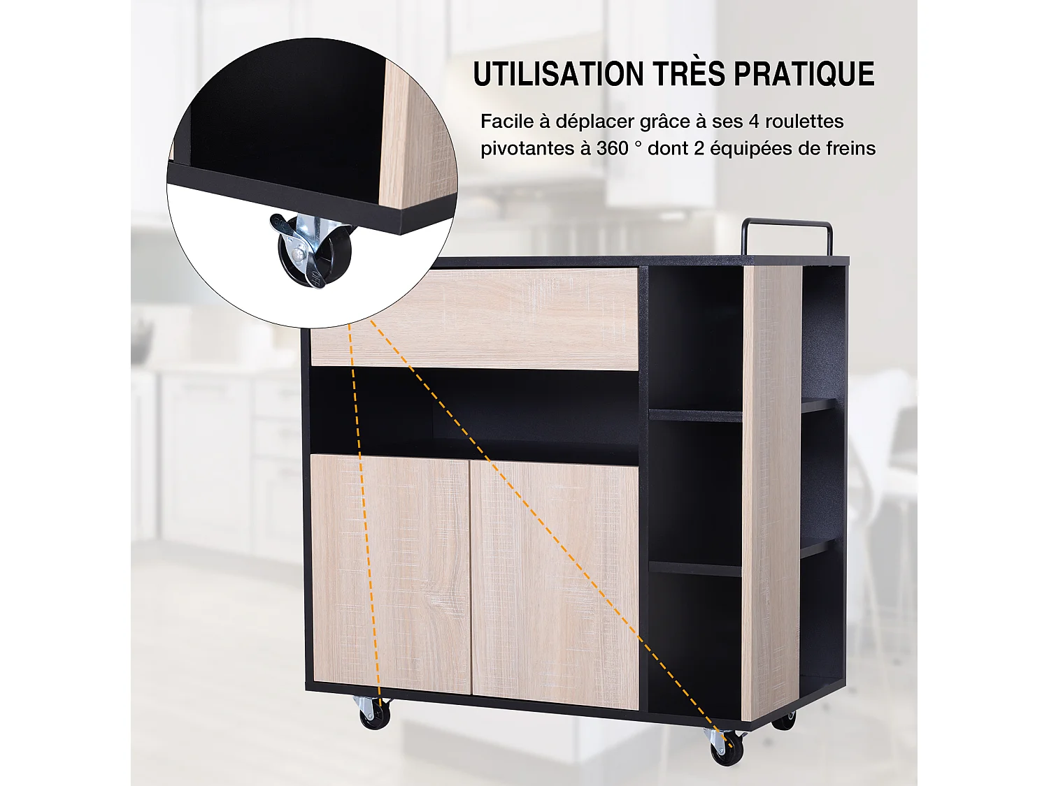Chariot de service desserte de cuisine à roulettes multi-rangements placard double portes + 3 étagères + niche + tiroir panneaux particules noir chêne