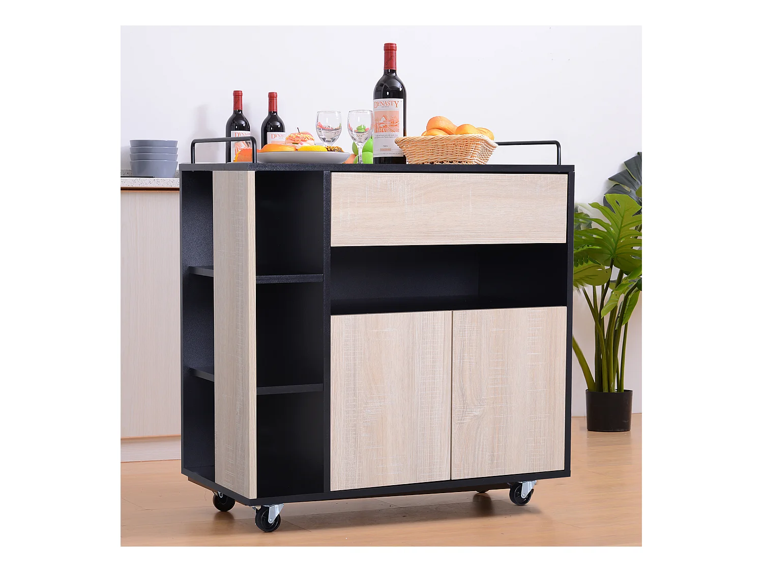 Chariot de service desserte de cuisine à roulettes multi-rangements placard double portes + 3 étagères + niche + tiroir panneaux particules noir chêne