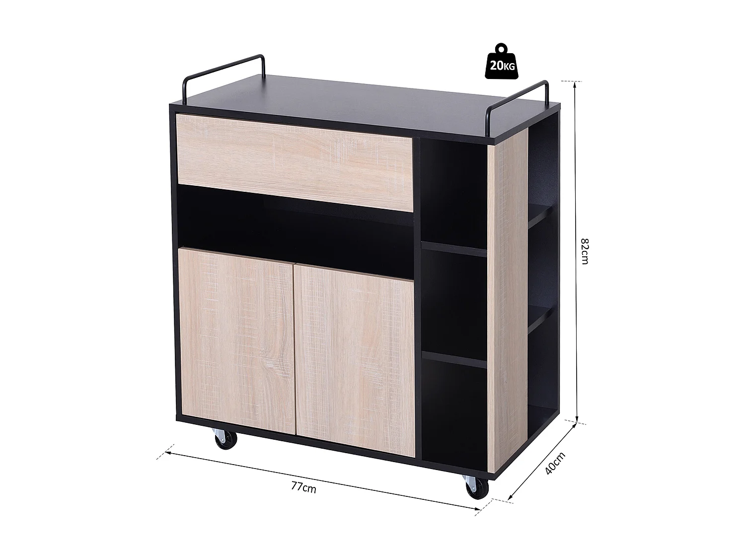 Chariot de service desserte de cuisine à roulettes multi-rangements placard double portes + 3 étagères + niche + tiroir panneaux particules noir chêne