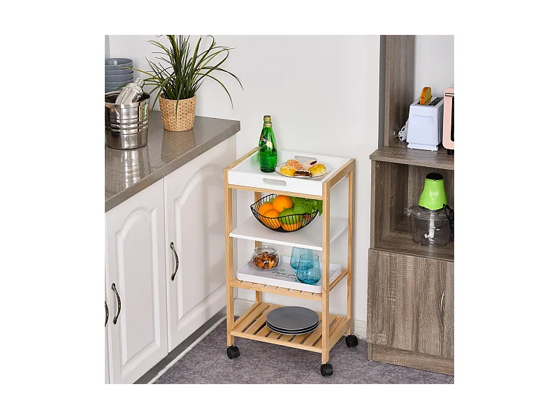 HOMCOM Chariot de service desserte de cuisine à roulettes 3 étagères + plateau amovible bois de pin MDF blanc