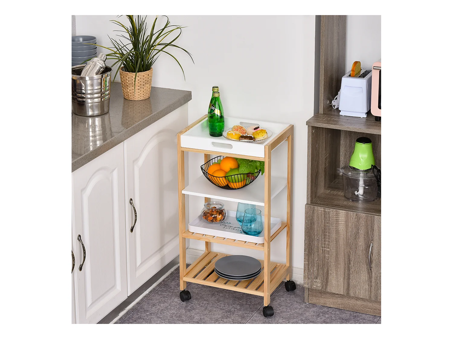HOMCOM Chariot de service desserte de cuisine à roulettes 3 étagères + plateau amovible bois de pin MDF blanc