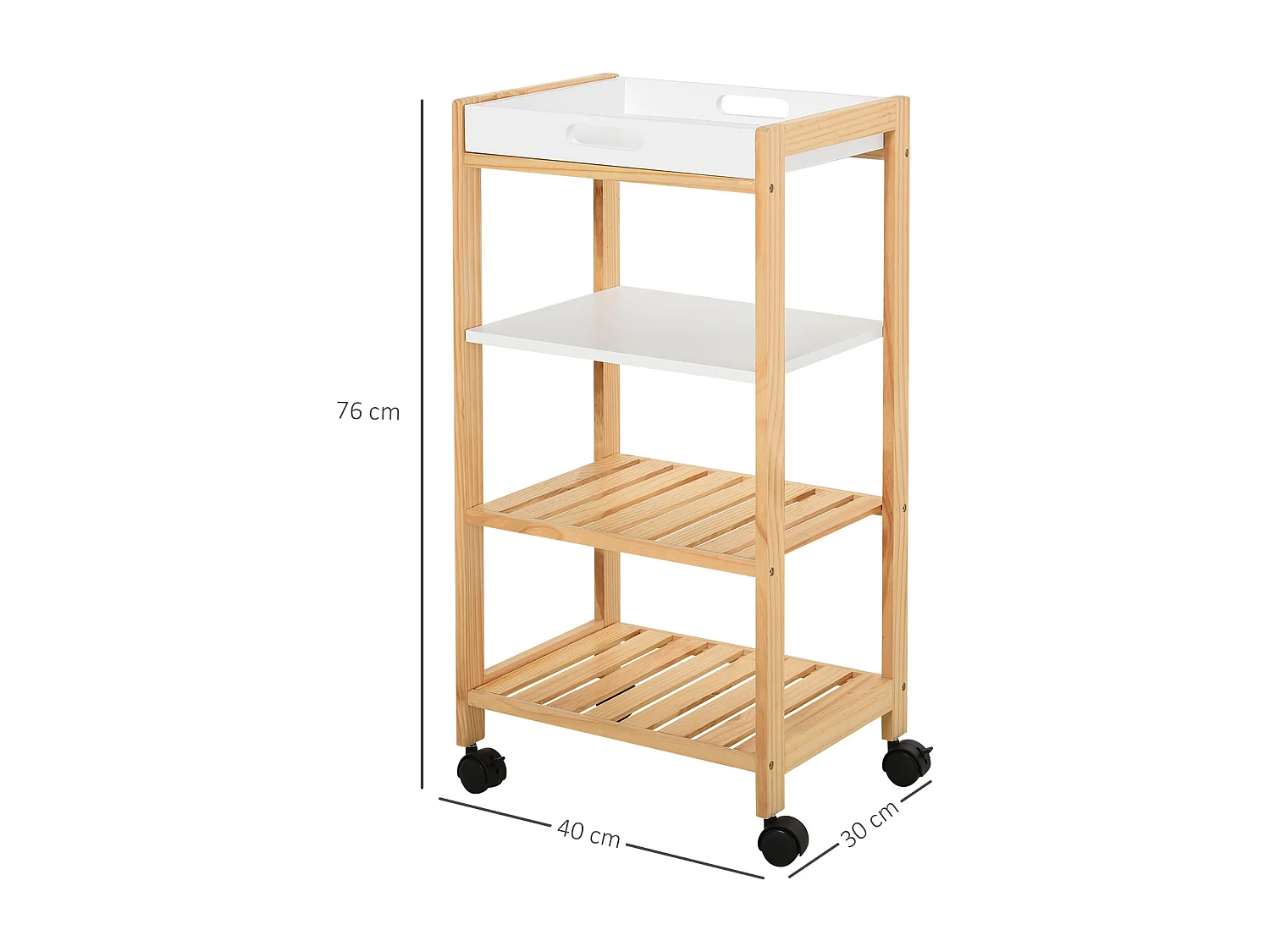 HOMCOM Chariot de service desserte de cuisine à roulettes 3 étagères + plateau amovible bois de pin MDF blanc