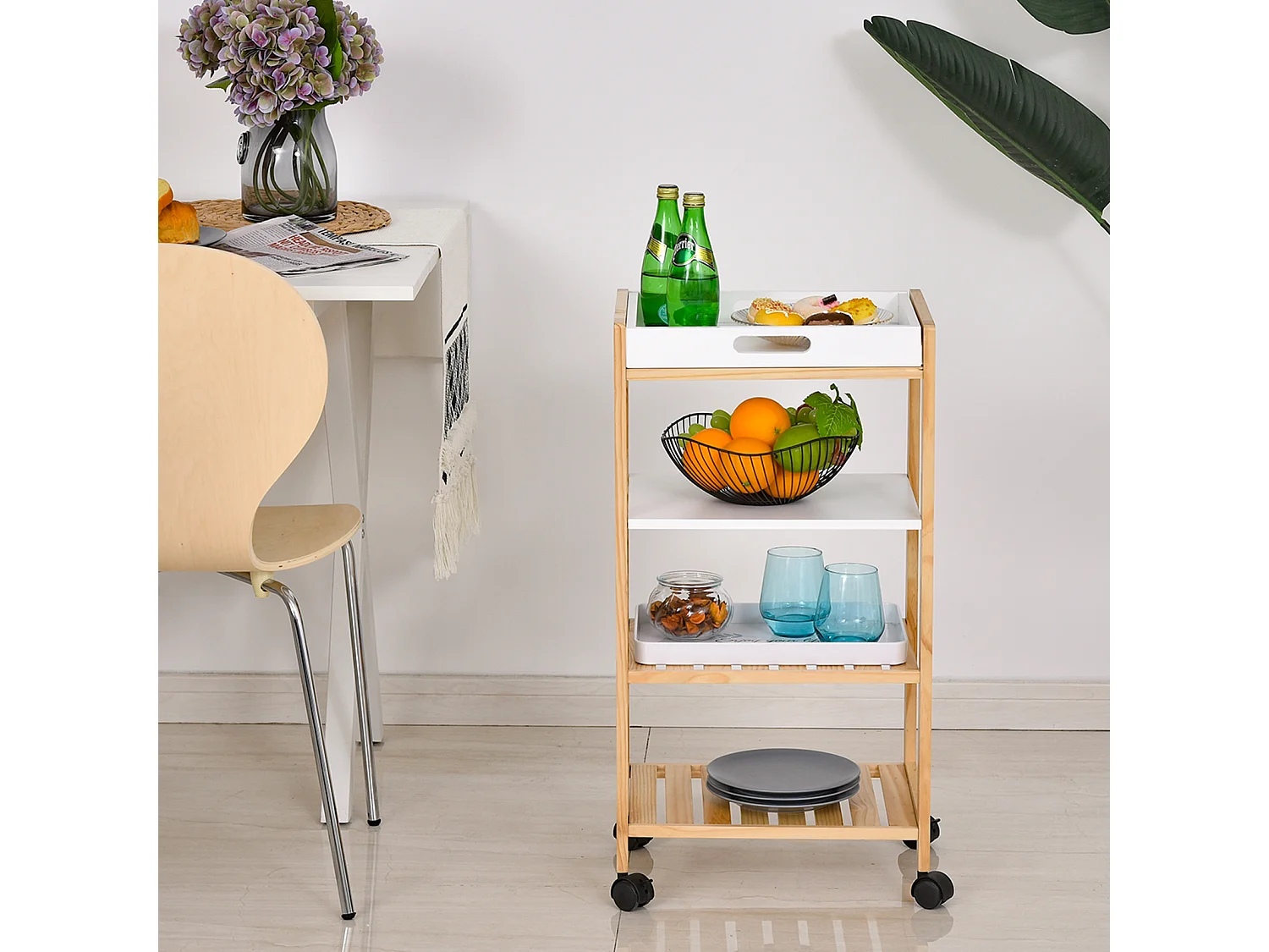 HOMCOM Chariot de service desserte de cuisine à roulettes 3 étagères + plateau amovible bois de pin MDF blanc