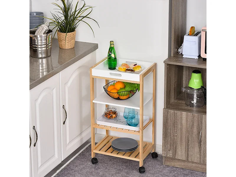 HOMCOM Chariot de service desserte de cuisine à roulettes 3 étagères + plateau amovible bois de pin MDF blanc