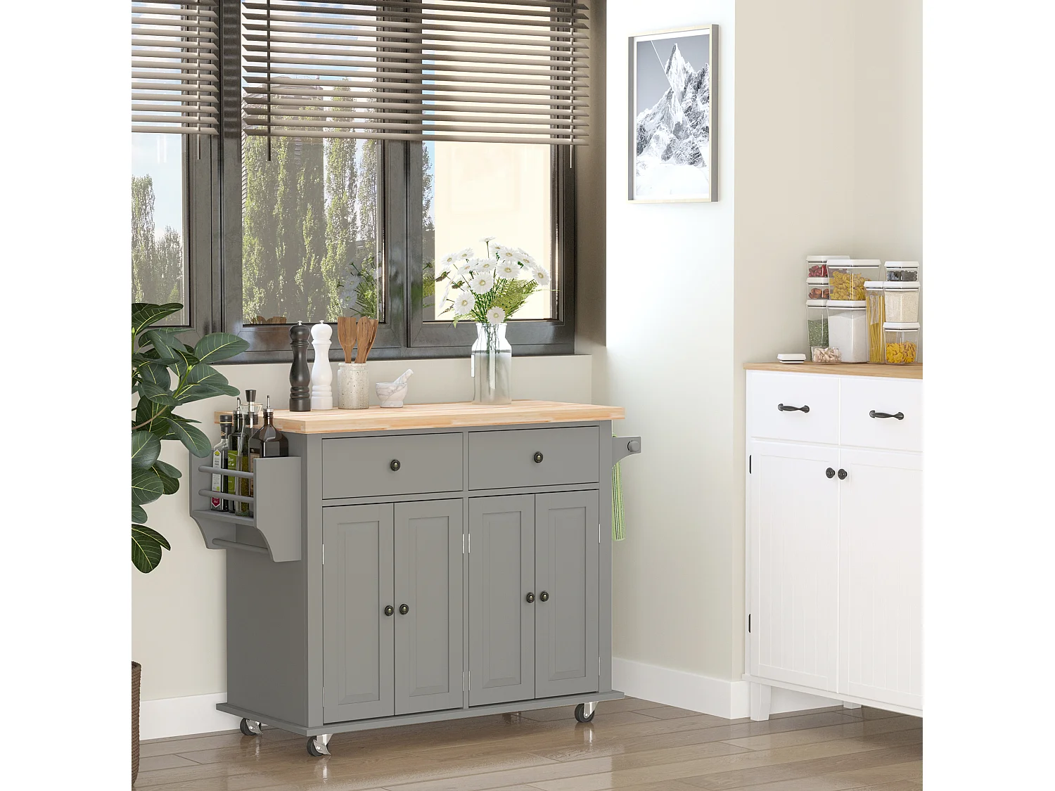 Desserte de cuisine multi rangements 2 tiroirs 2 placard 2 portes avec étagère range-bouteille porte-torchons MDF gris hévéa
