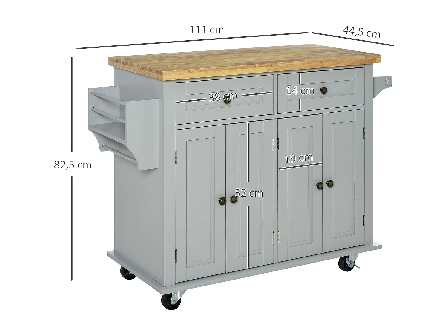 Desserte de cuisine multi rangements 2 tiroirs 2 placard 2 portes avec étagère range-bouteille porte-torchons MDF gris hévéa