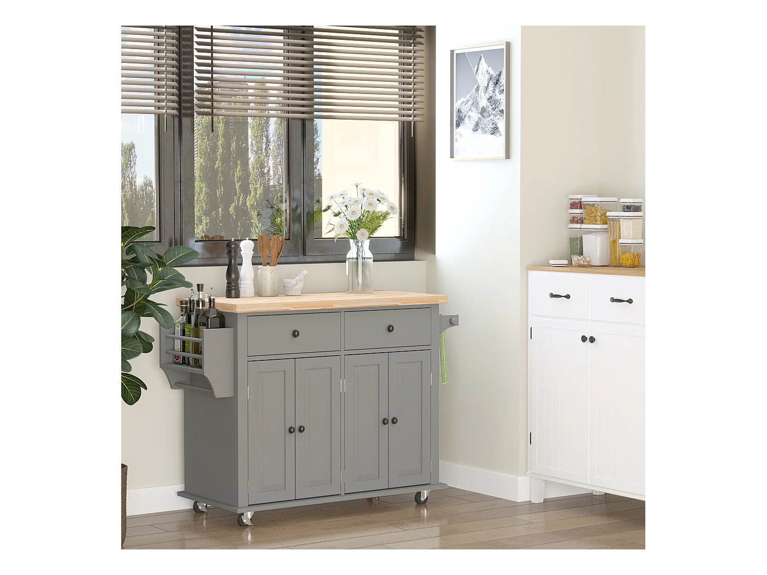 Desserte de cuisine multi rangements 2 tiroirs 2 placard 2 portes avec étagère range-bouteille porte-torchons MDF gris hévéa