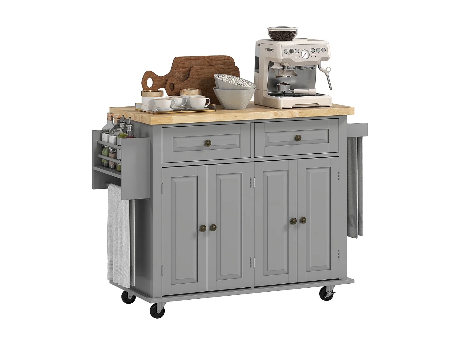 Desserte de cuisine multi rangements 2 tiroirs 2 placard 2 portes avec étagère range-bouteille porte-torchons MDF gris hévéa