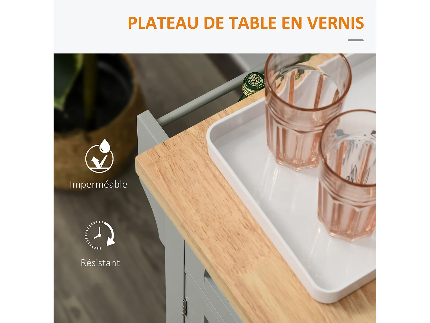 Desserte de cuisine multi rangements 2 tiroirs 2 placard 2 portes avec étagère range-bouteille porte-torchons MDF gris hévéa