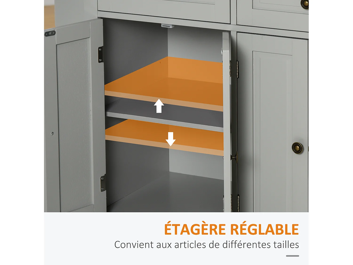 Desserte de cuisine multi rangements 2 tiroirs 2 placard 2 portes avec étagère range-bouteille porte-torchons MDF gris hévéa