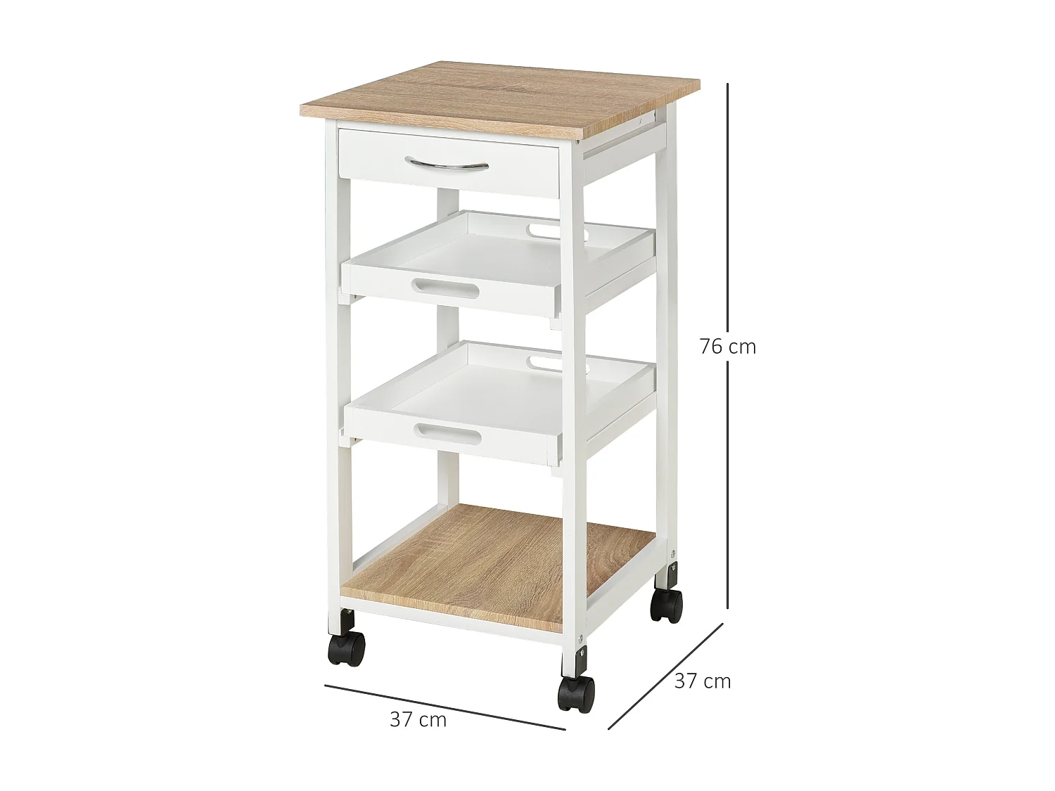 Chariot de service desserte de cuisine à roulettes 2 plateaux amovibles, tiroir, étagère MDF chêne clair bois pin blanc