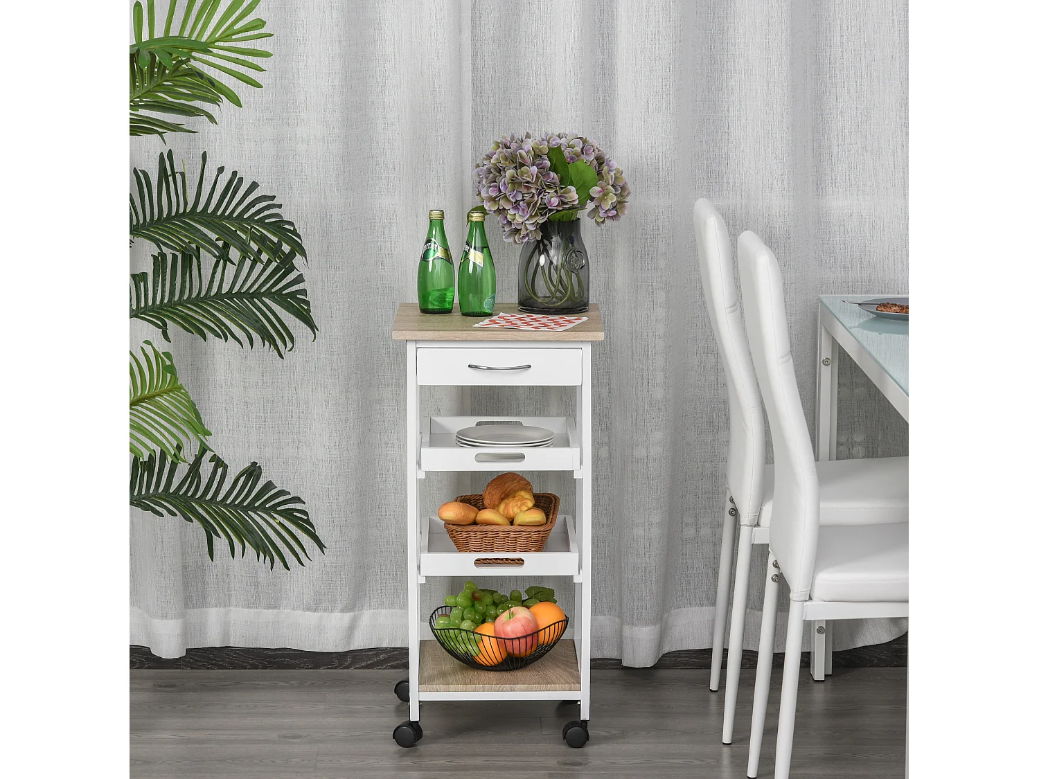 Chariot de service desserte de cuisine à roulettes 2 plateaux amovibles, tiroir, étagère MDF chêne clair bois pin blanc