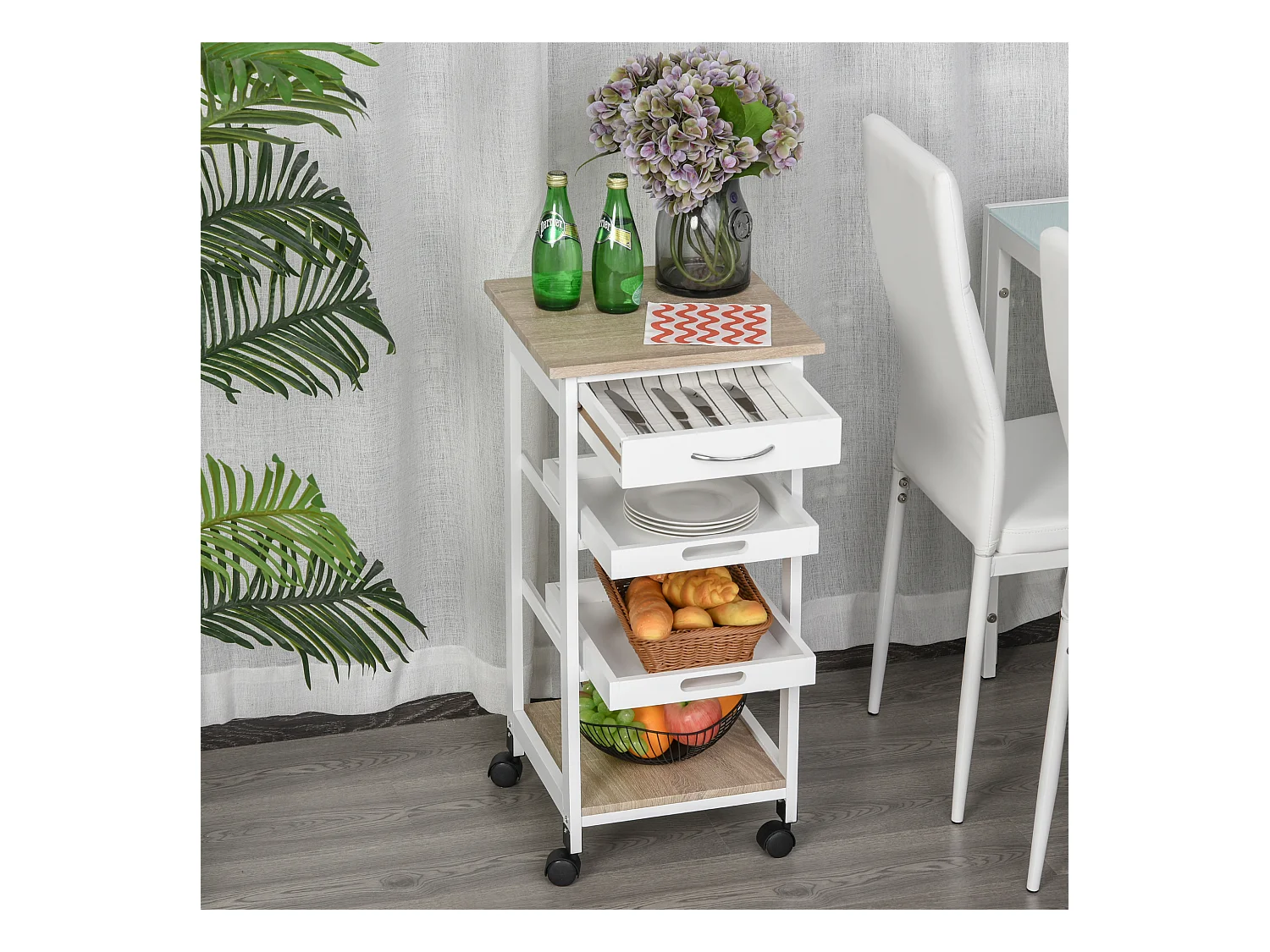 Chariot de service desserte de cuisine à roulettes 2 plateaux amovibles, tiroir, étagère MDF chêne clair bois pin blanc