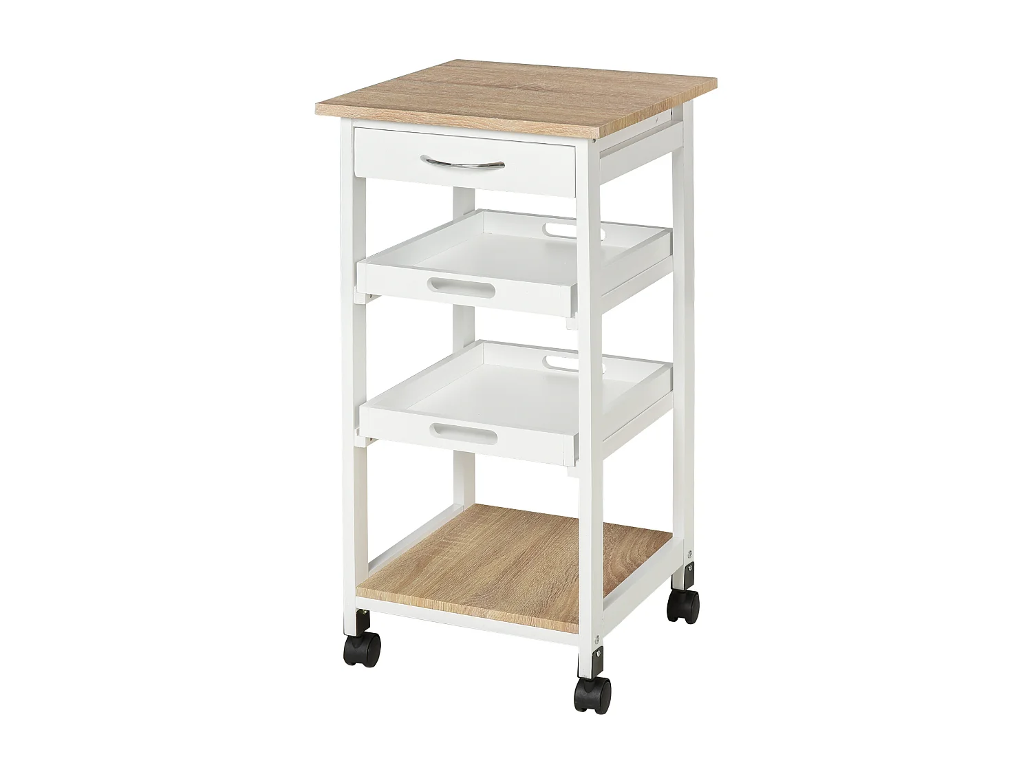 Chariot de service desserte de cuisine à roulettes 2 plateaux amovibles, tiroir, étagère MDF chêne clair bois pin blanc