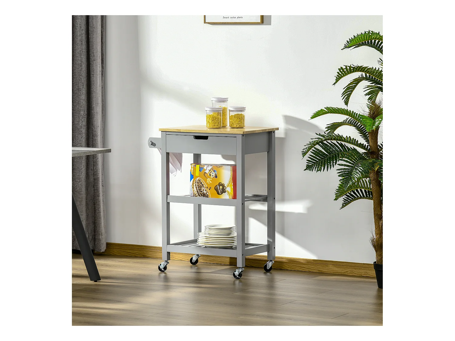 Desserte de cuisine à roulettes - chariot de service - tiroir, 2 étagères - plateau bois hévéa MDF gris