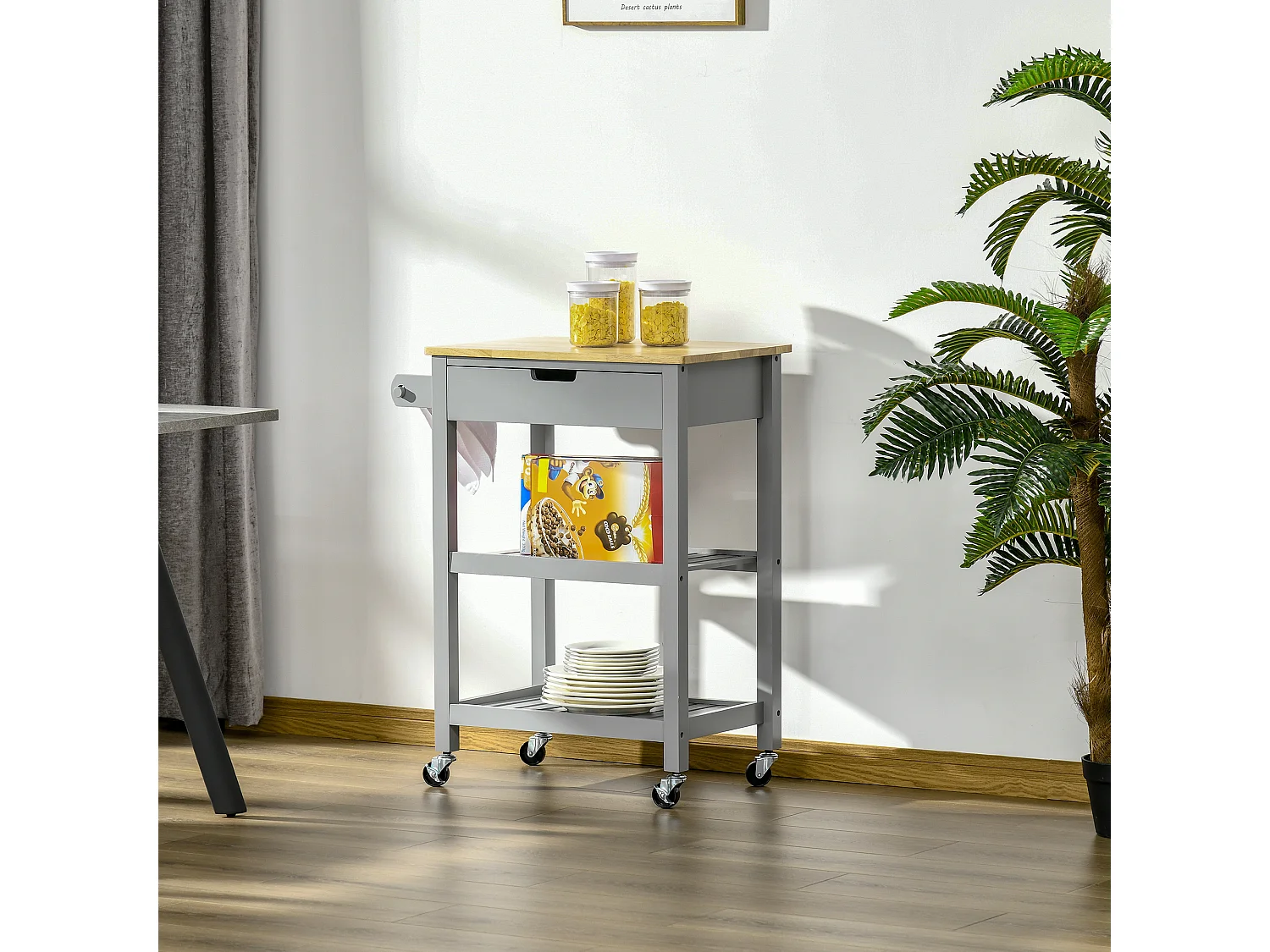 Desserte de cuisine à roulettes - chariot de service - tiroir, 2 étagères - plateau bois hévéa MDF gris