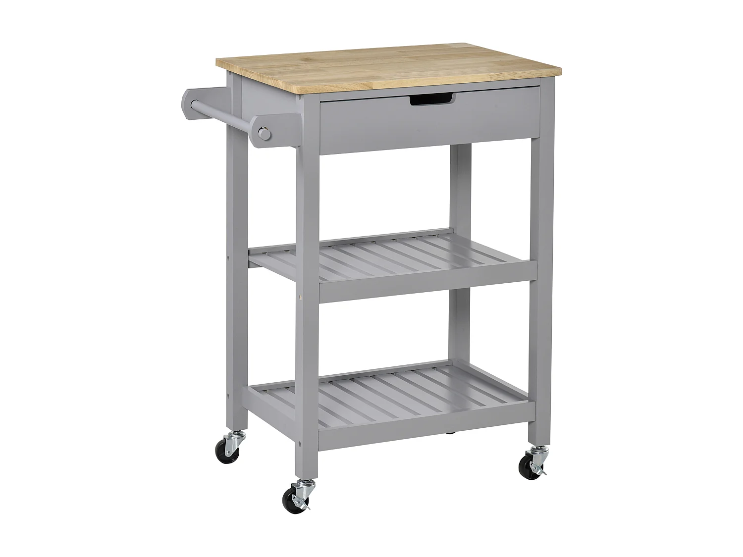 Desserte de cuisine à roulettes - chariot de service - tiroir, 2 étagères - plateau bois hévéa MDF gris