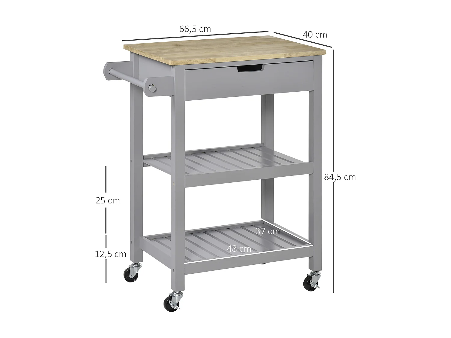 Desserte de cuisine à roulettes - chariot de service - tiroir, 2 étagères - plateau bois hévéa MDF gris