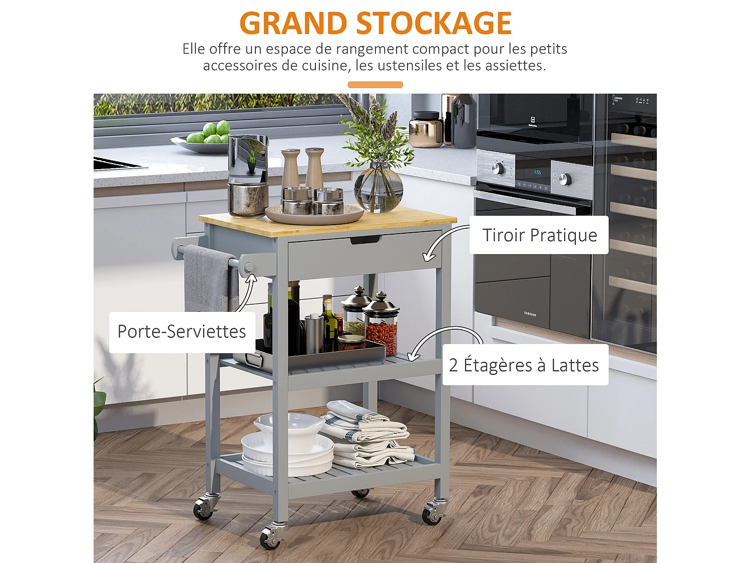 Desserte de cuisine à roulettes - chariot de service - tiroir, 2 étagères - plateau bois hévéa MDF gris