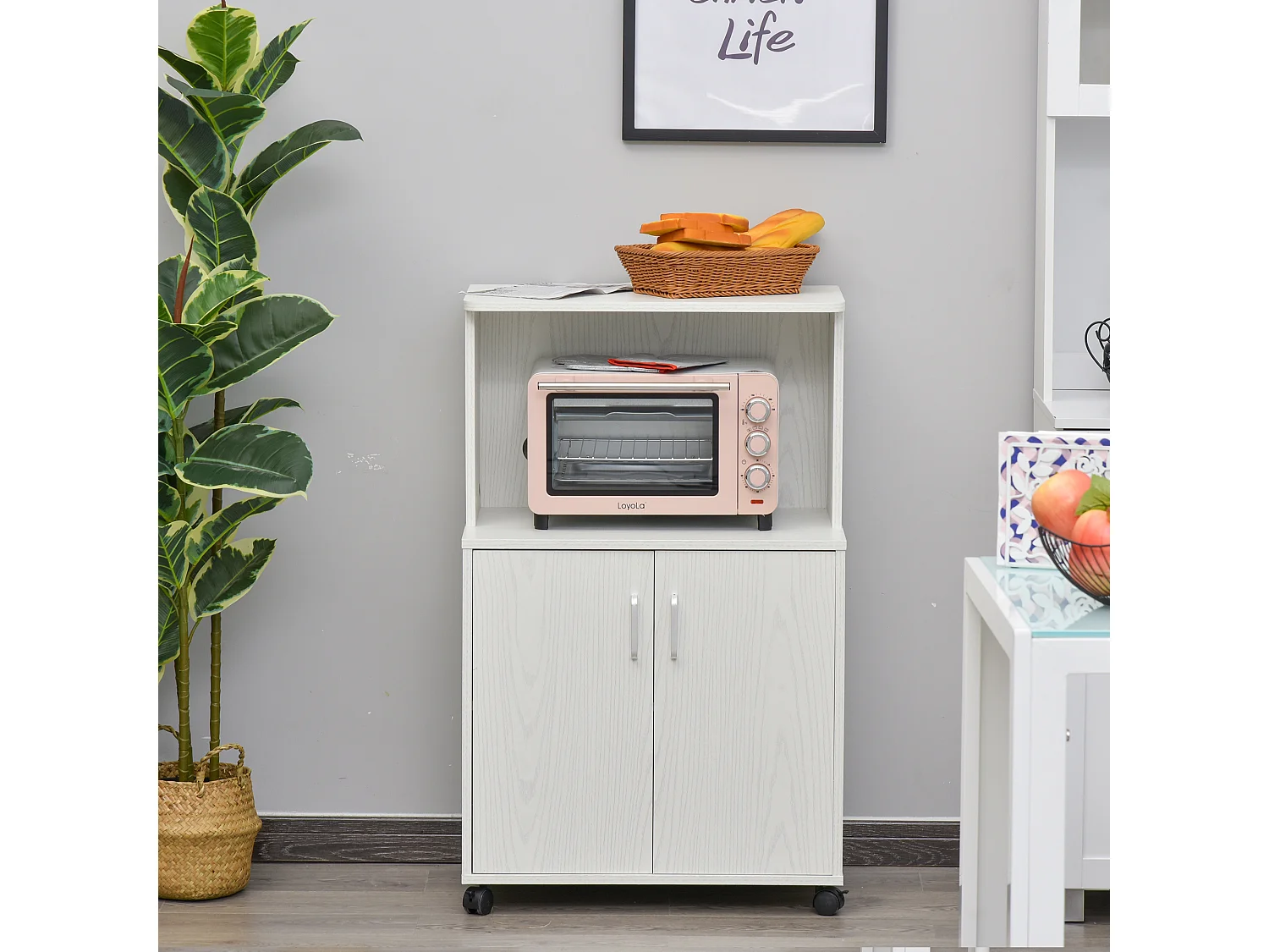 Chariot desserte micro-ondes placard 2 portes - dim. 60,4L x 40,3l x 97H cm - blanc