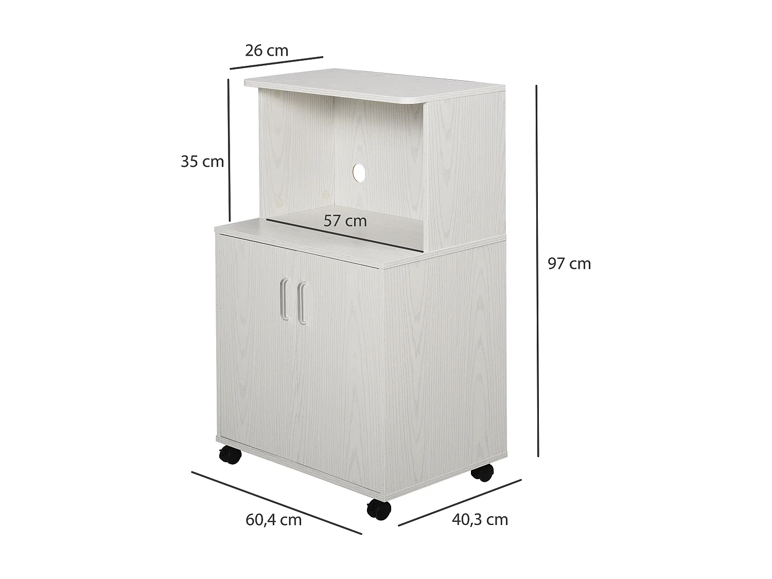 Chariot desserte micro-ondes placard 2 portes - dim. 60,4L x 40,3l x 97H cm - blanc
