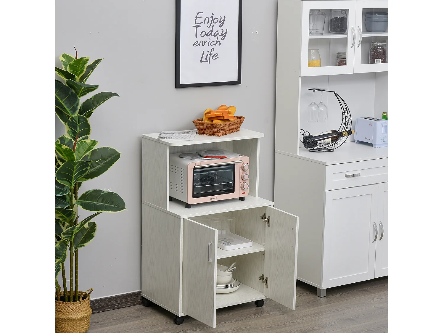 Chariot desserte micro-ondes placard 2 portes - dim. 60,4L x 40,3l x 97H cm - blanc