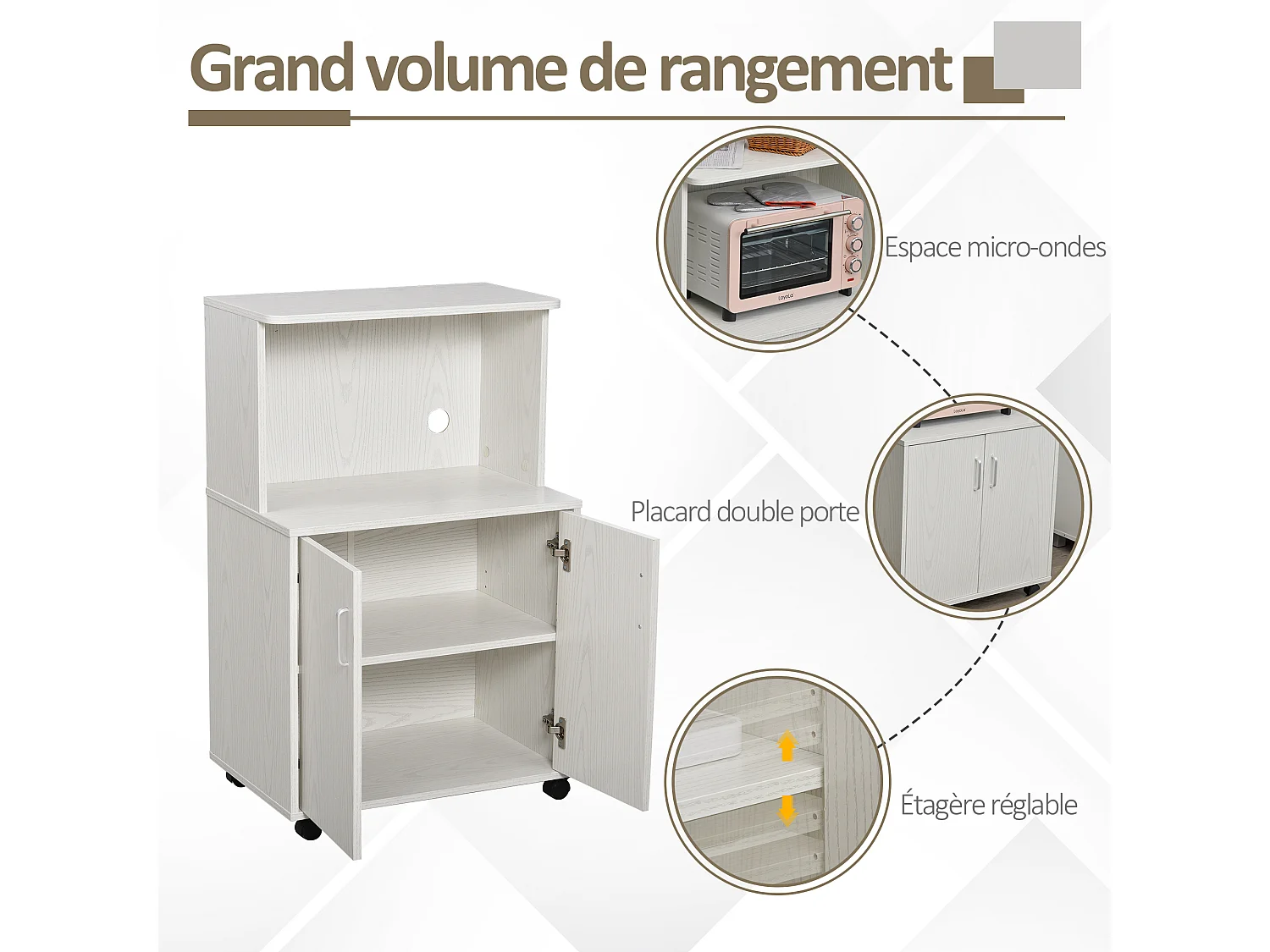 Chariot desserte micro-ondes placard 2 portes - dim. 60,4L x 40,3l x 97H cm - blanc