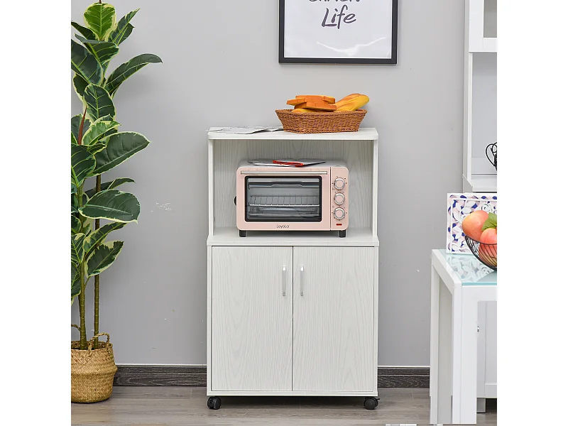 Chariot desserte micro-ondes placard 2 portes - dim. 60,4L x 40,3l x 97H cm - blanc