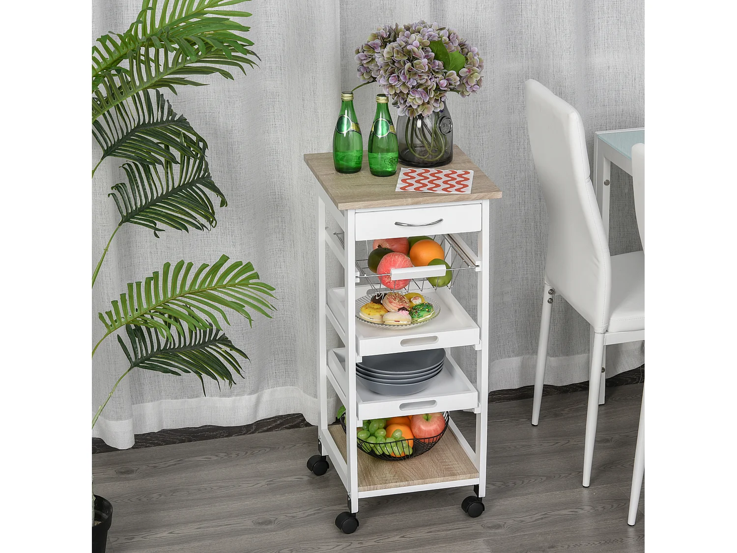 Chariot de service desserte de cuisine à roulettes panier + 2 plateaux amovibles, tiroir, étagère MDF chêne clair bois pin blanc