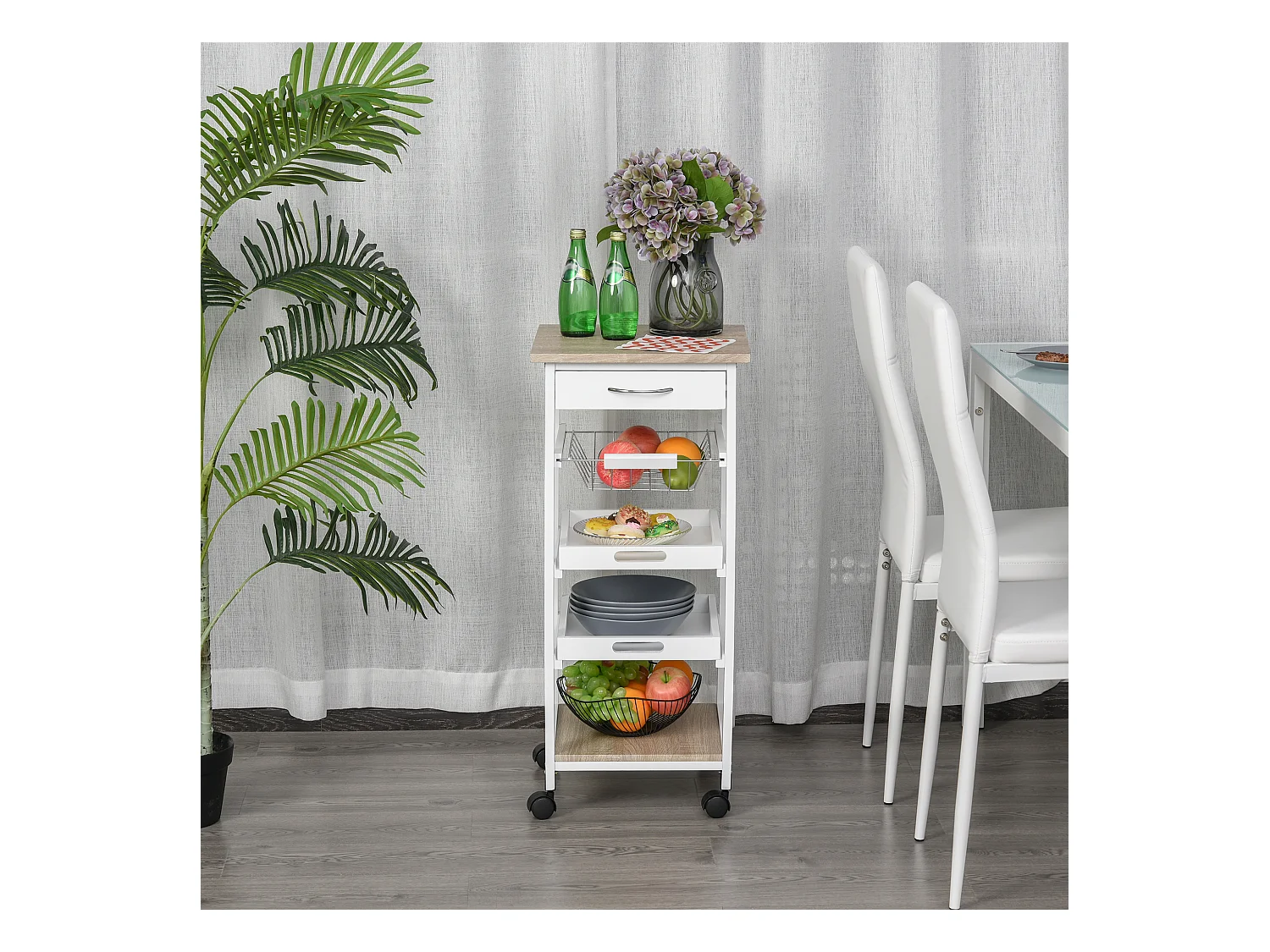 Chariot de service desserte de cuisine à roulettes panier + 2 plateaux amovibles, tiroir, étagère MDF chêne clair bois pin blanc