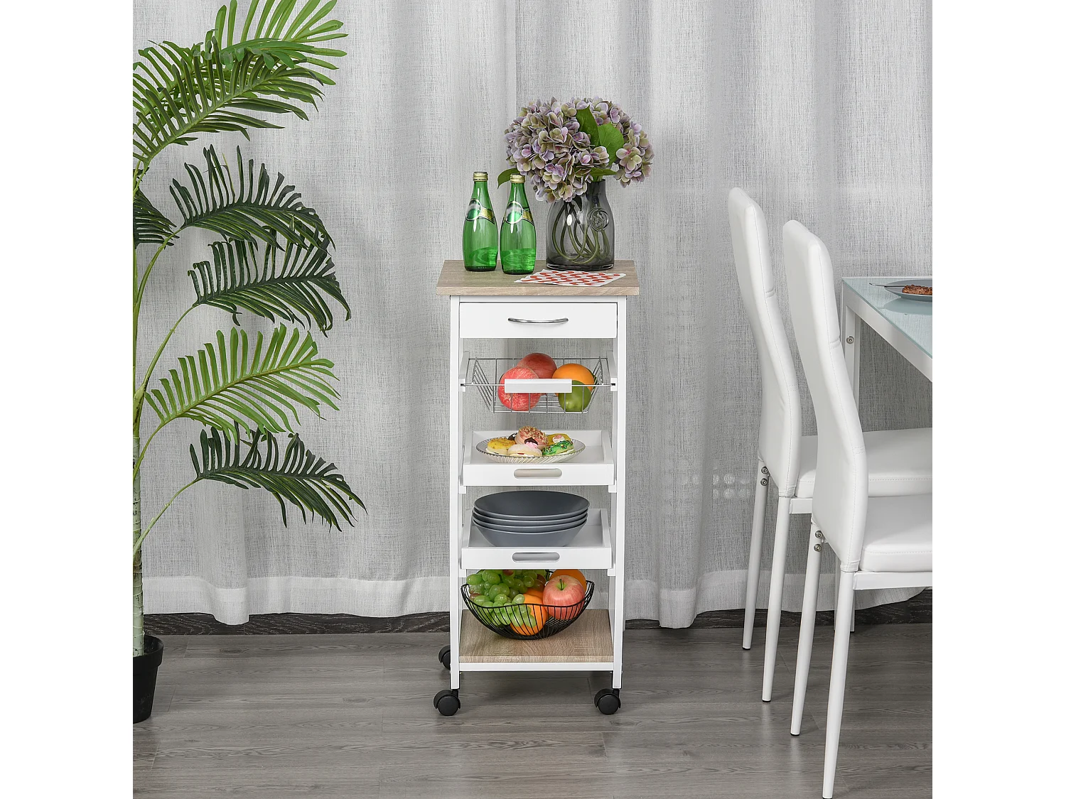 Chariot de service desserte de cuisine à roulettes panier + 2 plateaux amovibles, tiroir, étagère MDF chêne clair bois pin blanc