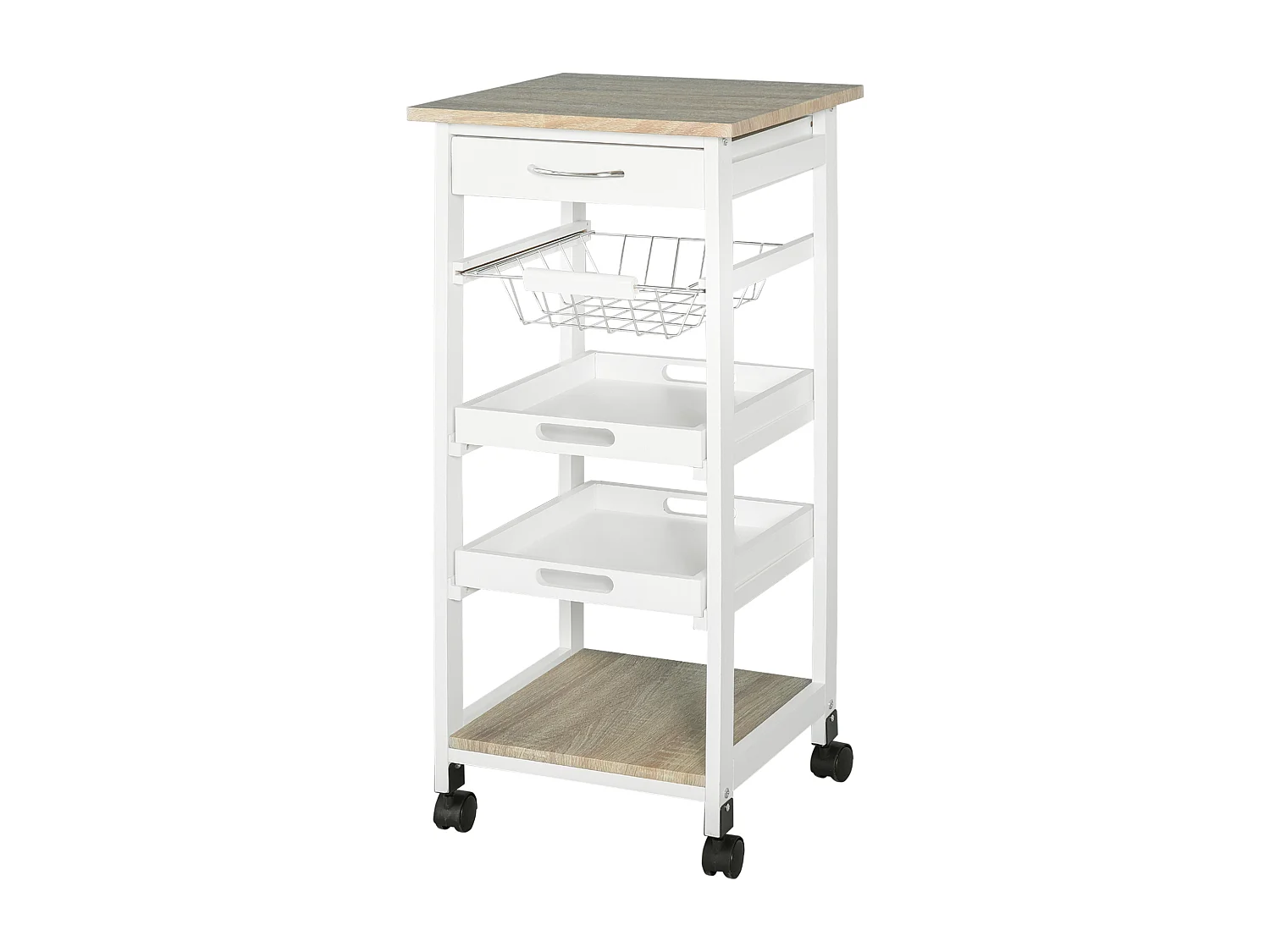 Chariot de service desserte de cuisine à roulettes panier + 2 plateaux amovibles, tiroir, étagère MDF chêne clair bois pin blanc