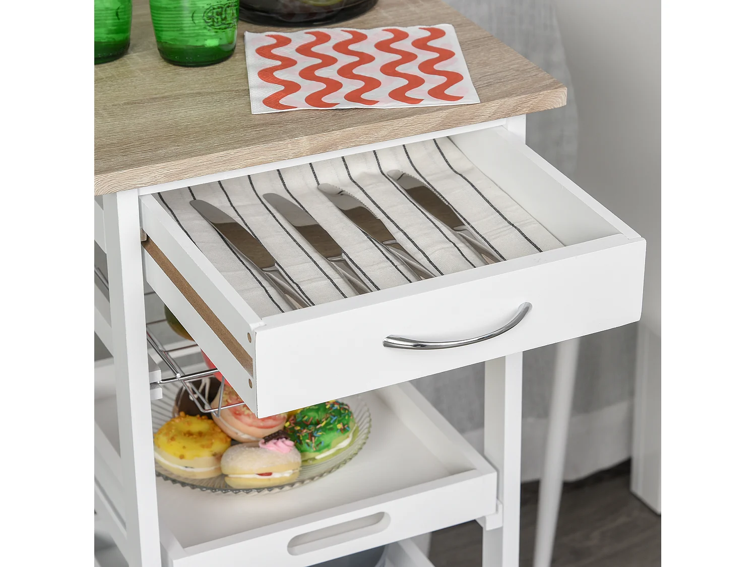 Chariot de service desserte de cuisine à roulettes panier + 2 plateaux amovibles, tiroir, étagère MDF chêne clair bois pin blanc