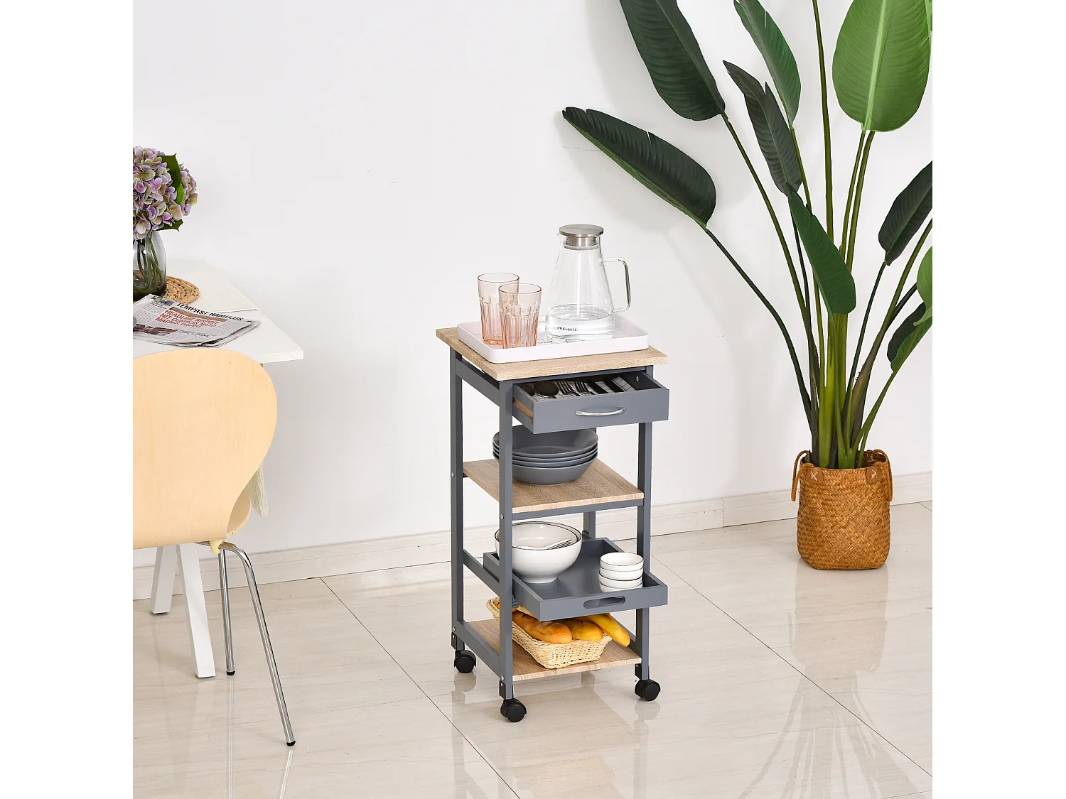 Chariot de service desserte de cuisine à roulettes 2 étagères + plateau amovible + tiroir bois de pin MDF gris chêne clair