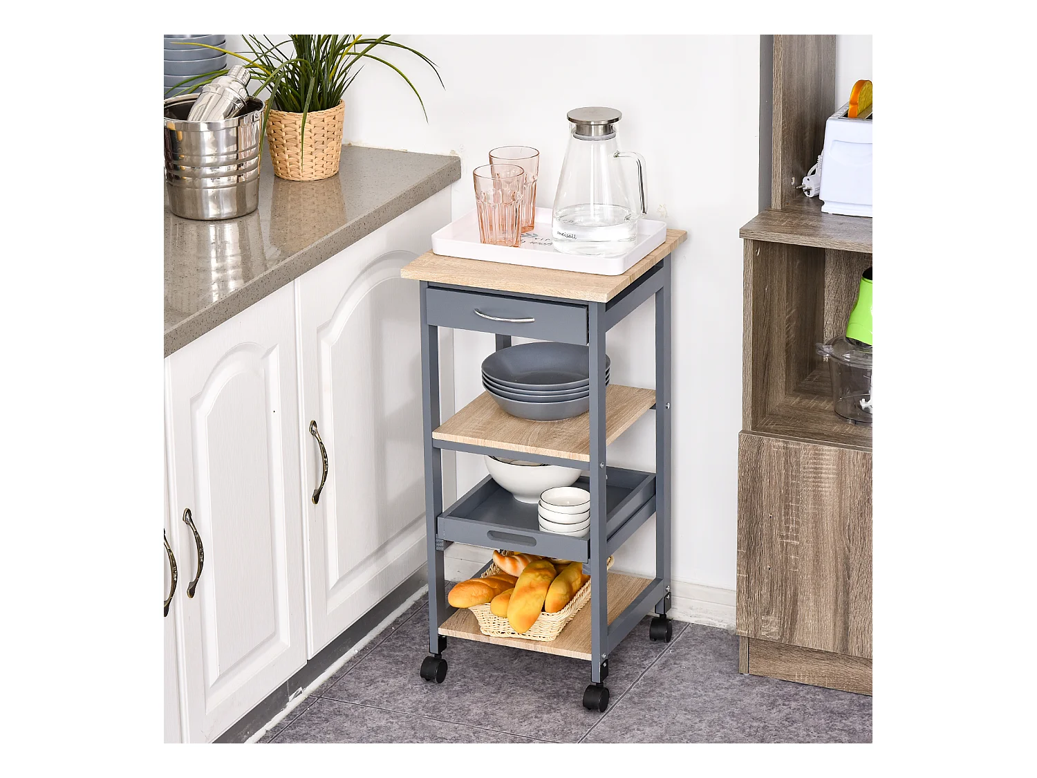 Chariot de service desserte de cuisine à roulettes 2 étagères + plateau amovible + tiroir bois de pin MDF gris chêne clair