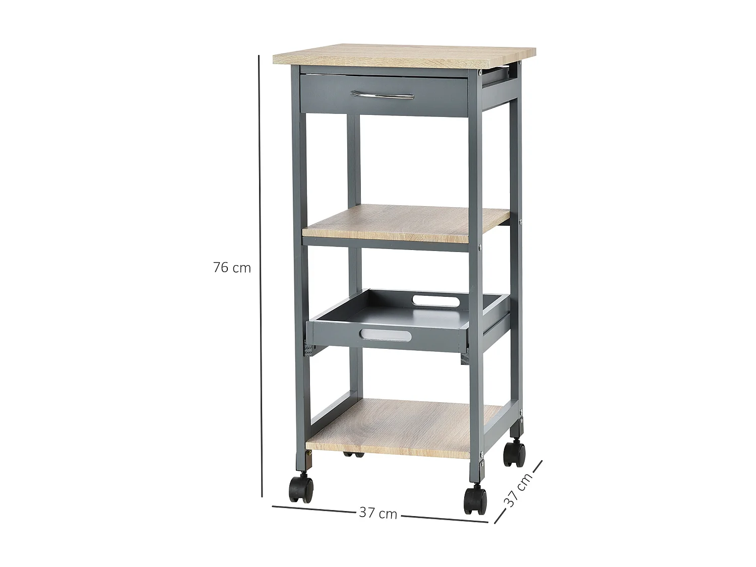 Chariot de service desserte de cuisine à roulettes 2 étagères + plateau amovible + tiroir bois de pin MDF gris chêne clair