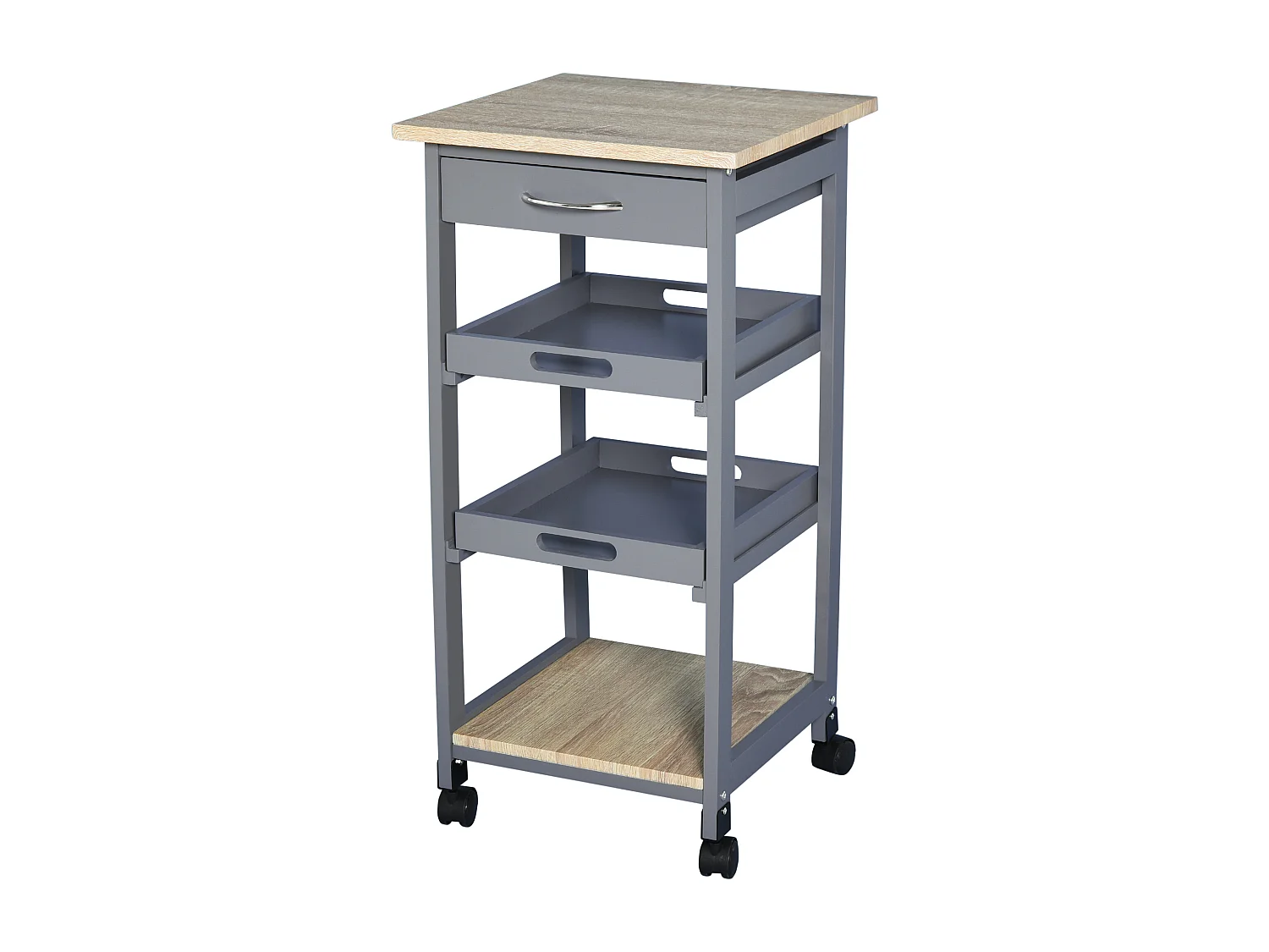 Chariot de service desserte de cuisine à roulettes 2 plateaux amovibles, tiroir, étagère MDF chêne clair bois pin gris