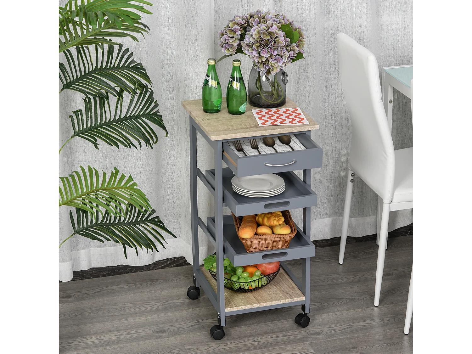 Chariot de service desserte de cuisine à roulettes 2 plateaux amovibles, tiroir, étagère MDF chêne clair bois pin gris