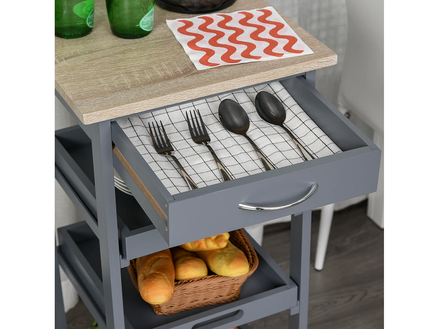 Chariot de service desserte de cuisine à roulettes 2 plateaux amovibles, tiroir, étagère MDF chêne clair bois pin gris