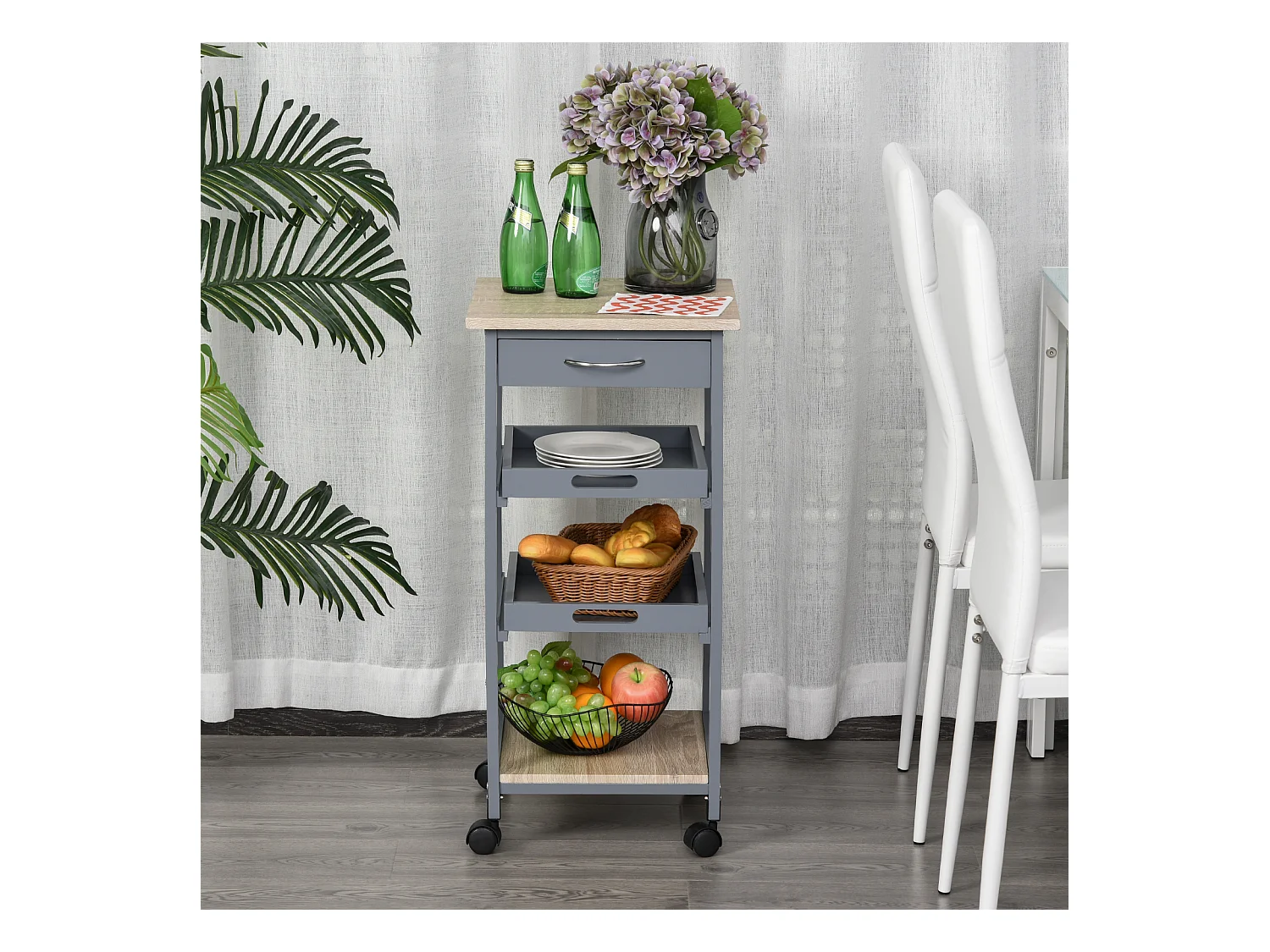 Chariot de service desserte de cuisine à roulettes 2 plateaux amovibles, tiroir, étagère MDF chêne clair bois pin gris