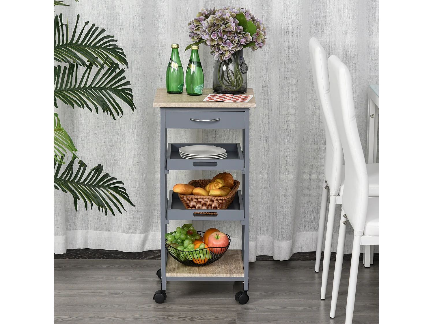 Chariot de service desserte de cuisine à roulettes 2 plateaux amovibles, tiroir, étagère MDF chêne clair bois pin gris