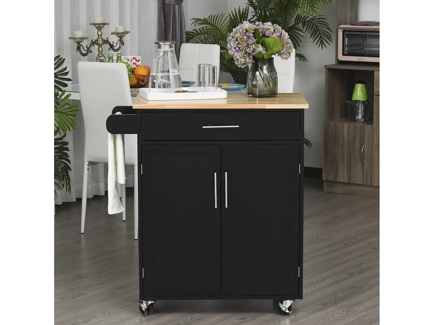Desserte de cuisine - 2 portes, étagère, tiroir, porte-torchons - bois hévéa pin noir