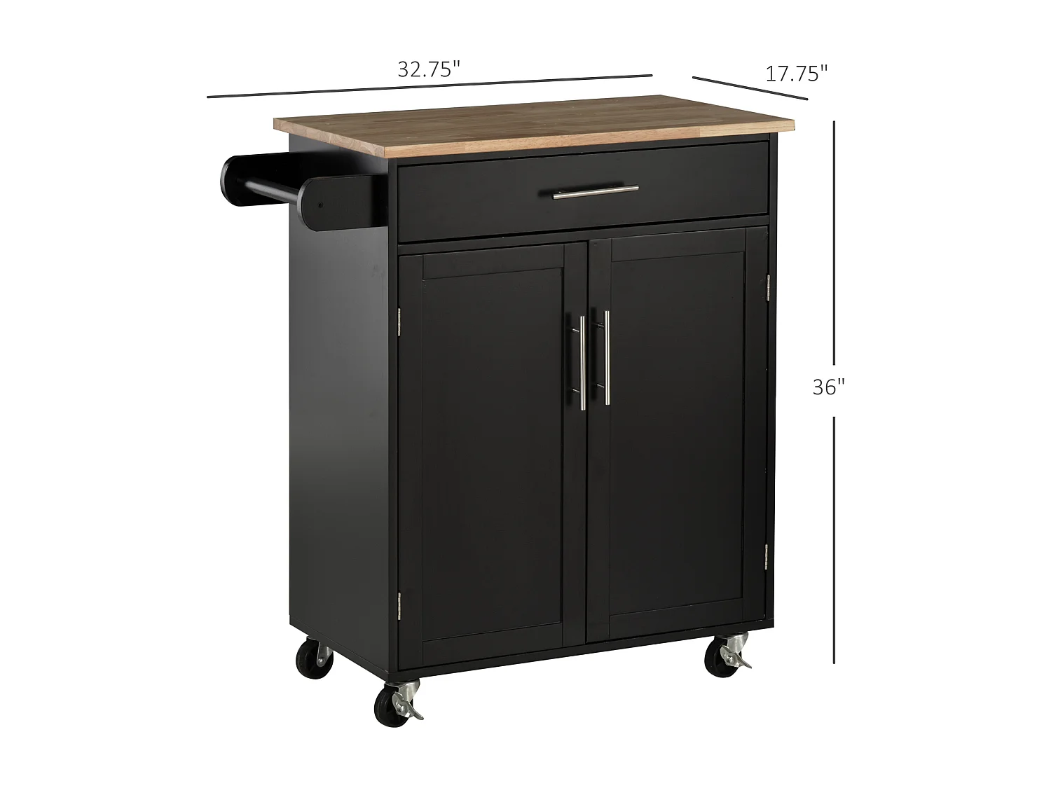 Desserte de cuisine - 2 portes, étagère, tiroir, porte-torchons - bois hévéa pin noir