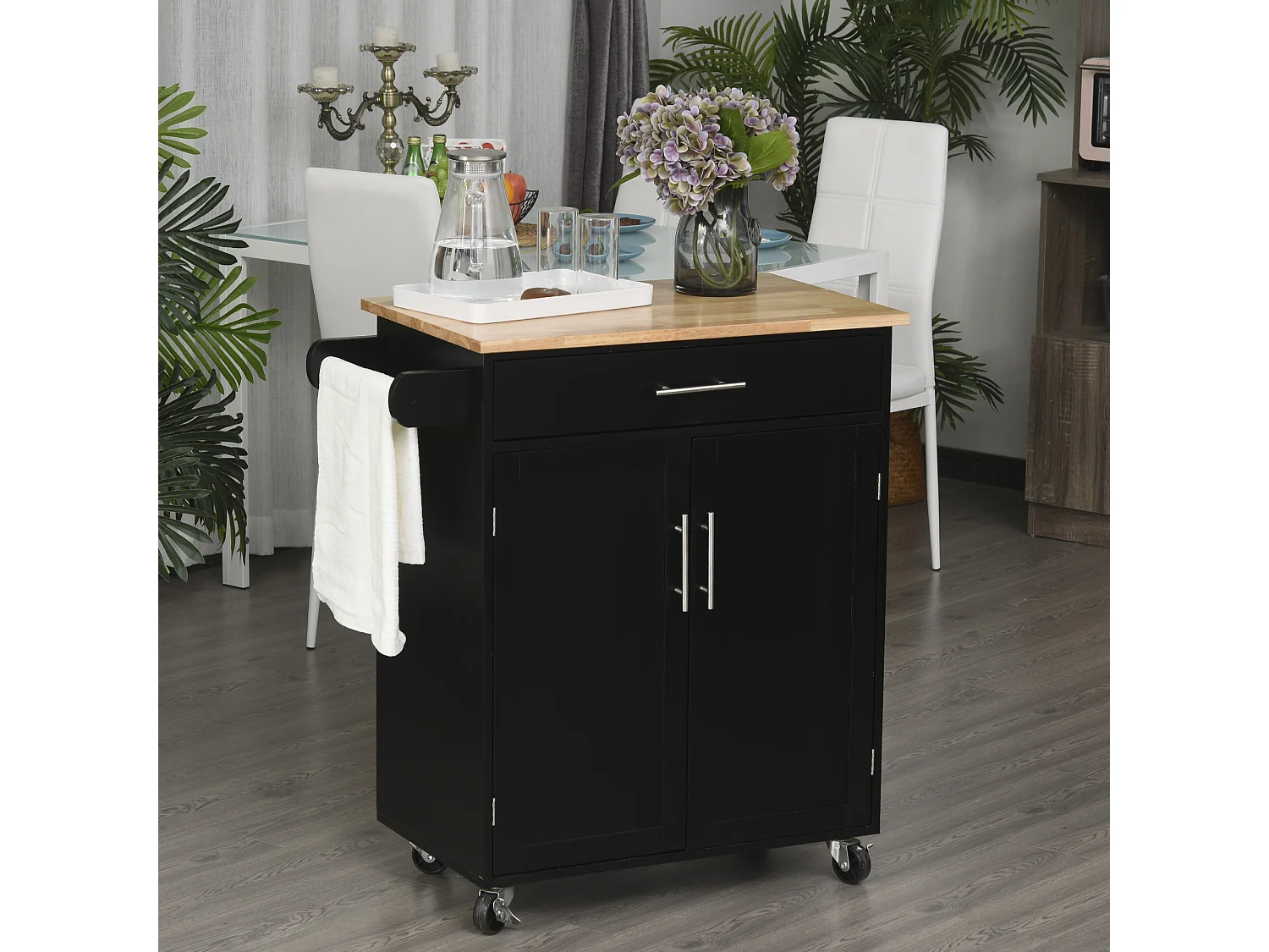 Desserte de cuisine - 2 portes, étagère, tiroir, porte-torchons - bois hévéa pin noir