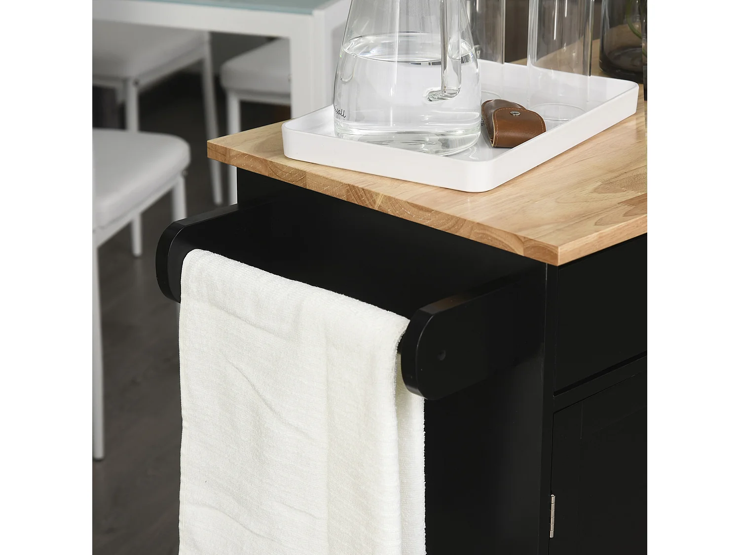 Desserte de cuisine - 2 portes, étagère, tiroir, porte-torchons - bois hévéa pin noir