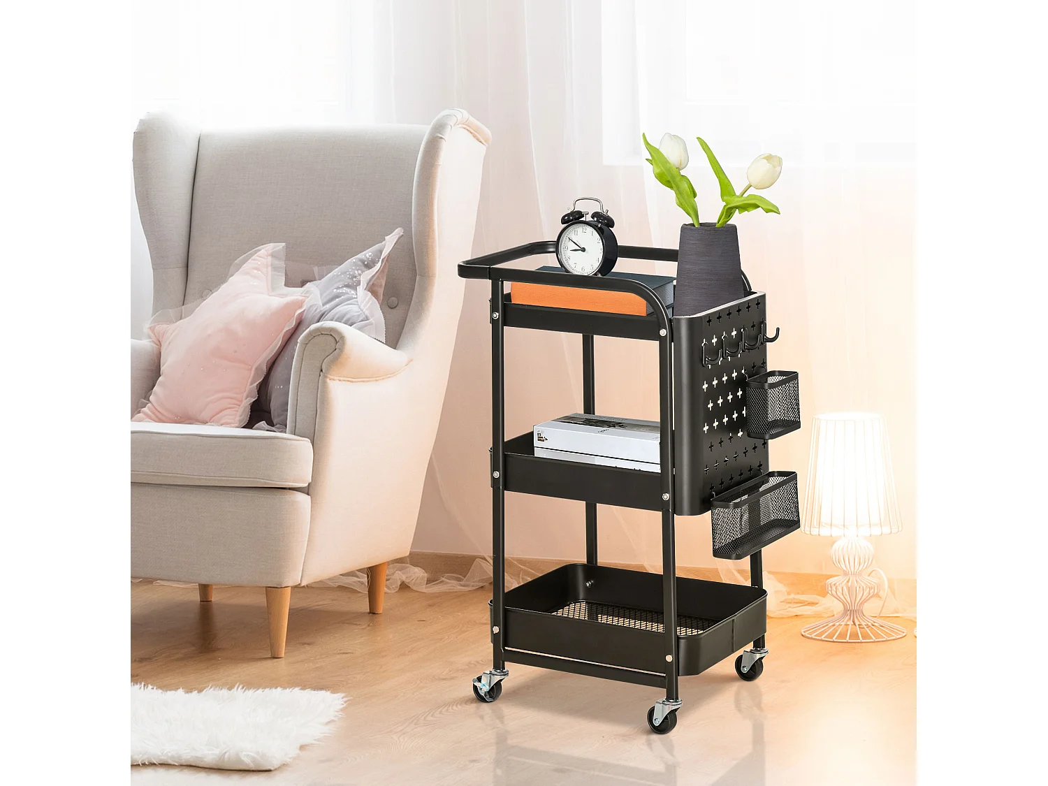 Desserte chariot de rangement en métal à roulettes 3 niveaux avec 2 range-couverts 4 crochets dim.51,5L x 32l x 75,6H cm - noir