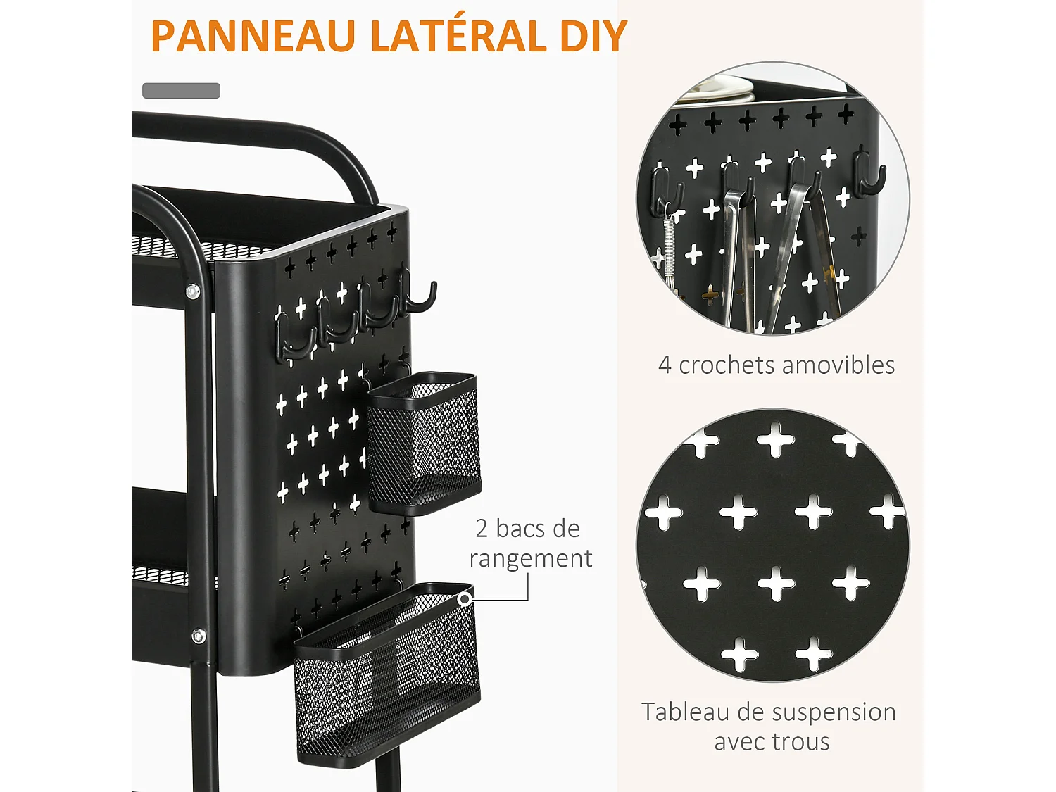 Desserte chariot de rangement en métal à roulettes 3 niveaux avec 2 range-couverts 4 crochets dim.51,5L x 32l x 75,6H cm - noir