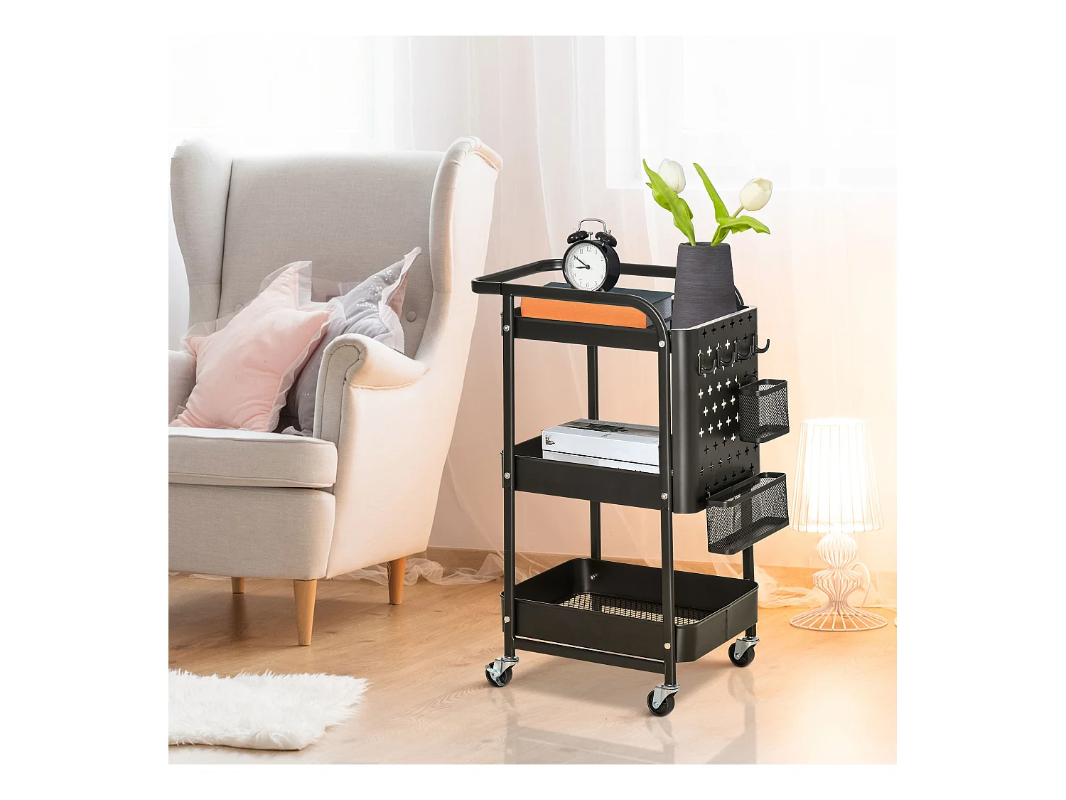 Desserte chariot de rangement en métal à roulettes 3 niveaux avec 2 range-couverts 4 crochets dim.51,5L x 32l x 75,6H cm - noir